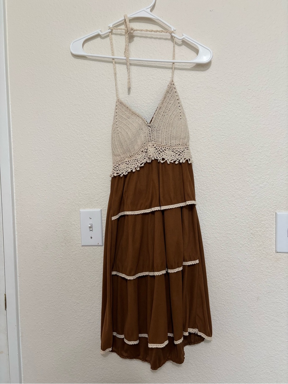Vizio Vintage Crochet Halter Maxi Dress in Cream and Brown